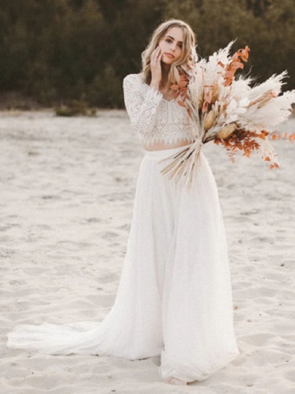 Milanoo Ivory Lace Two-Piece Bridal Gown with Long Skirt